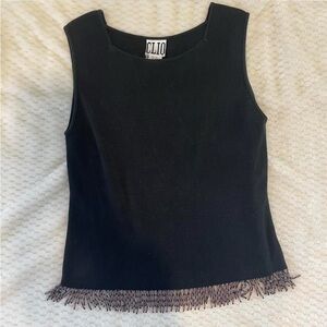 Clio Black Silk / Cotton Square Neck Tank Top with Beaded Fringe